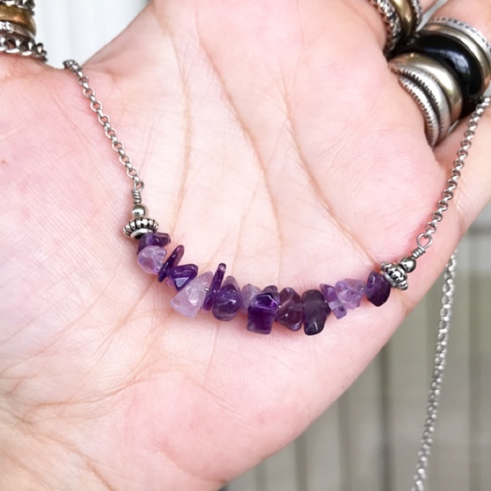 🔴Genuine amethyst chips bar simple steel choker - Picture 2 of 9